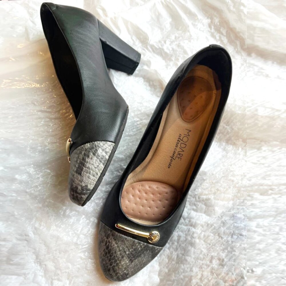 Modare Black Leather & Snake Print Block Heel Pumps